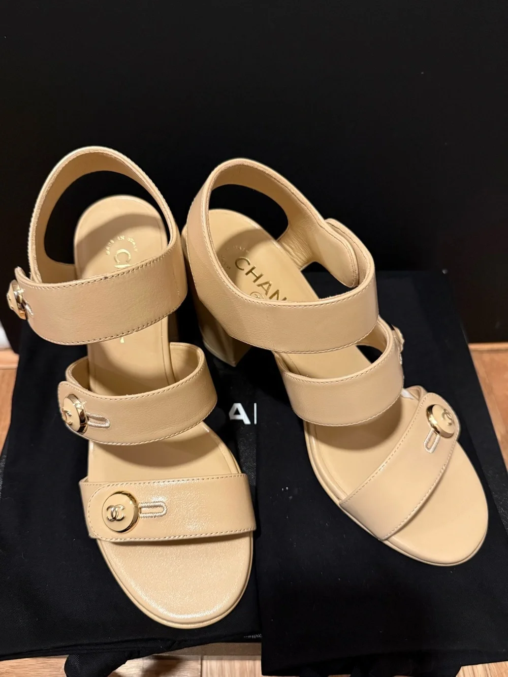 CHANEL Beige Triple-Strap Block Heel Sandals with Gold CC Buttons